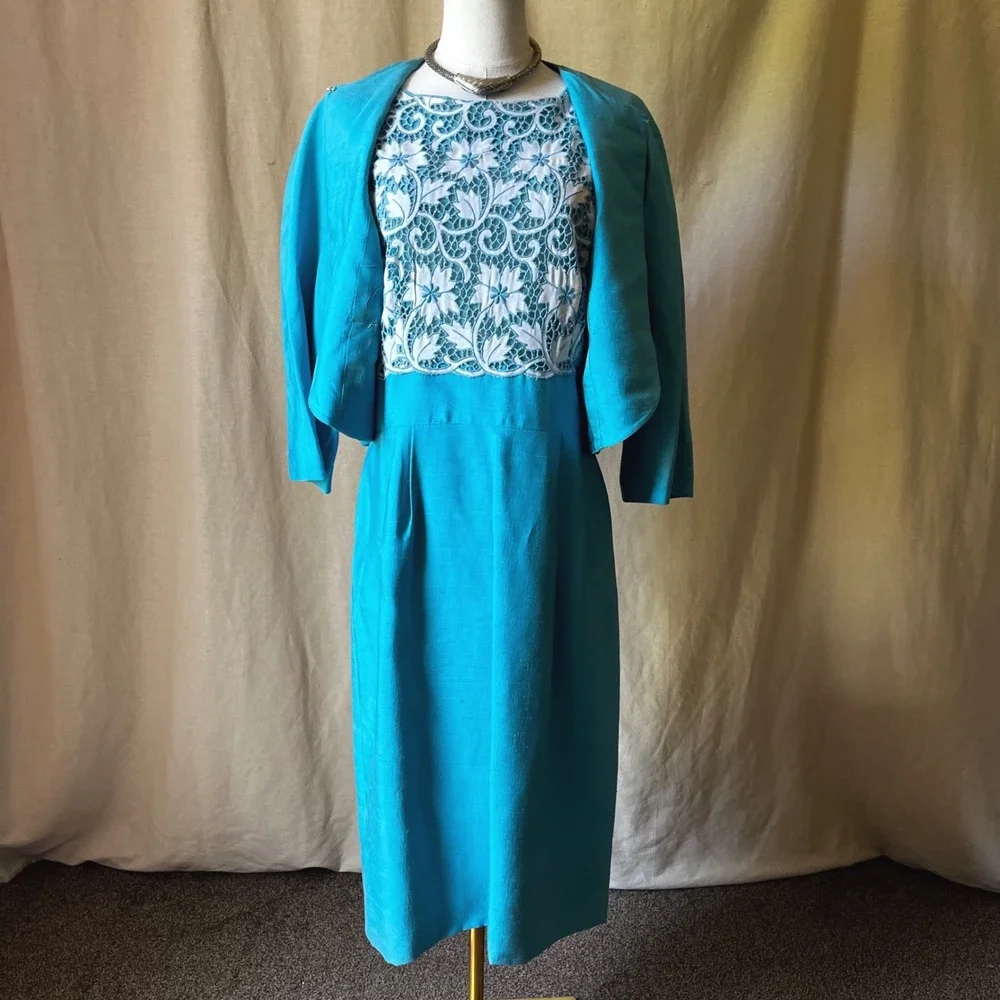 1960s Turquoise Blue‎ Lace Wiggle Dress Set Jackie O Style Matching Jacket L